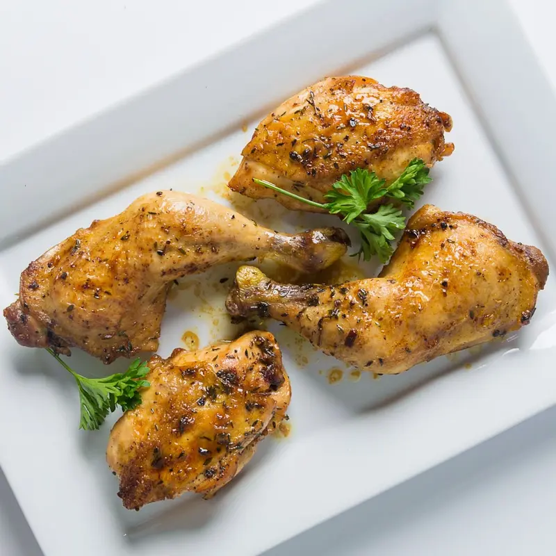 A platter of golden herb-roasted chicken leg quarters